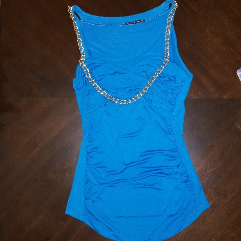 Blue Top with metal chain at neckline